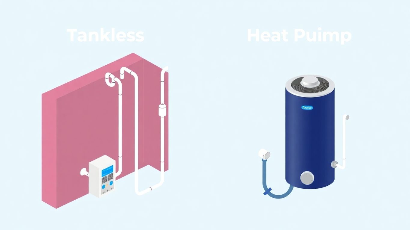 Isometric illustration of tankless and heat pump water heaters.