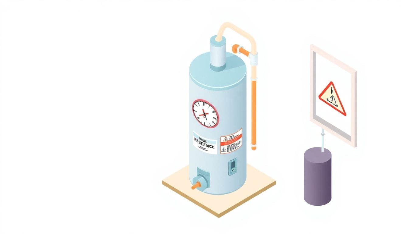 Isometric illustration of a water heater with warning labels.