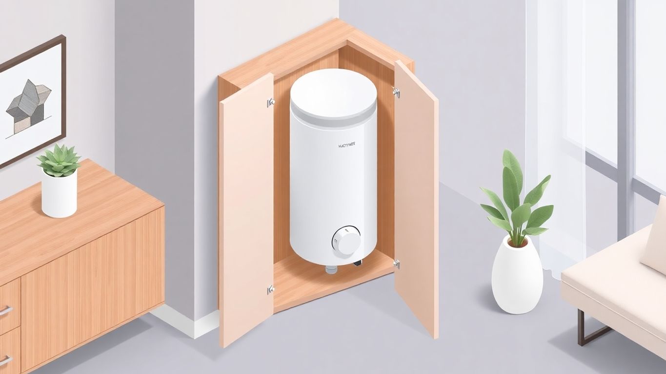 Isometric illustration of a cabinet around a water heater.