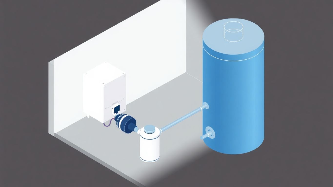 Isometric illustration of a water heater and pump.