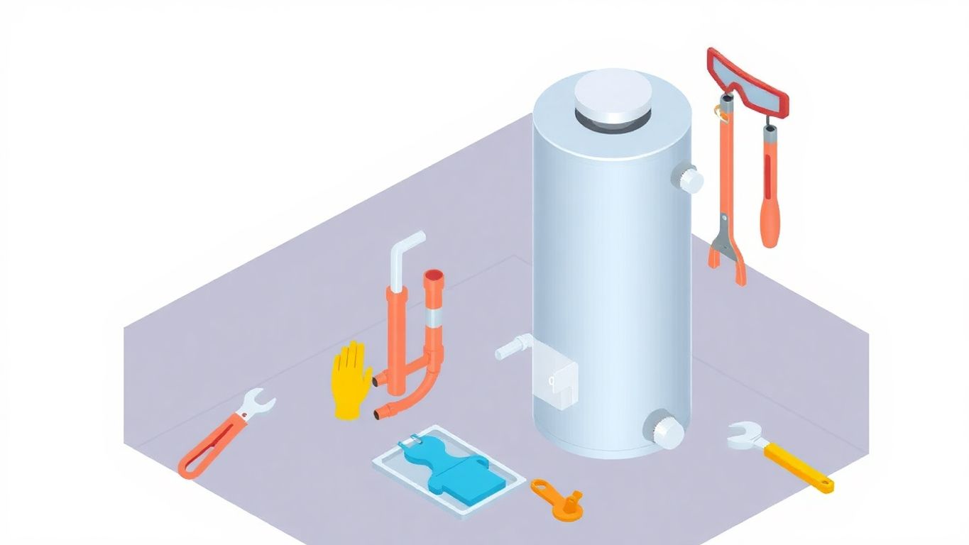 Illustration of a gas water heater and repair tools.
