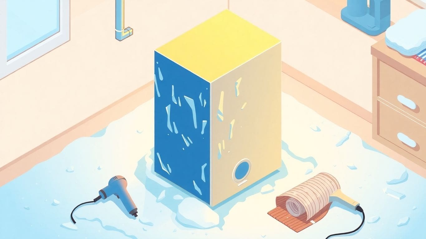 Frozen tankless water heater with tools and snow around