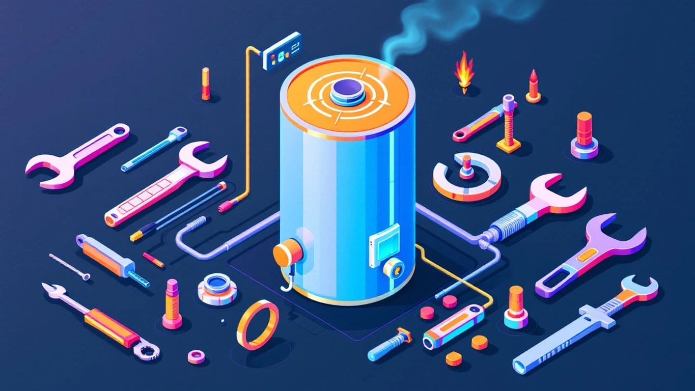 Isometric illustration of a water heater and tools.