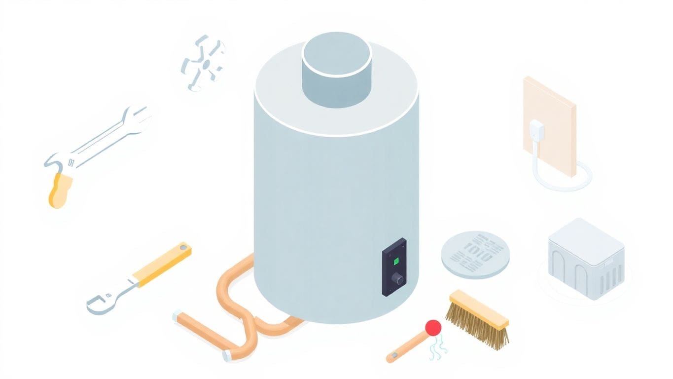 Isometric illustration of water heater maintenance tools.