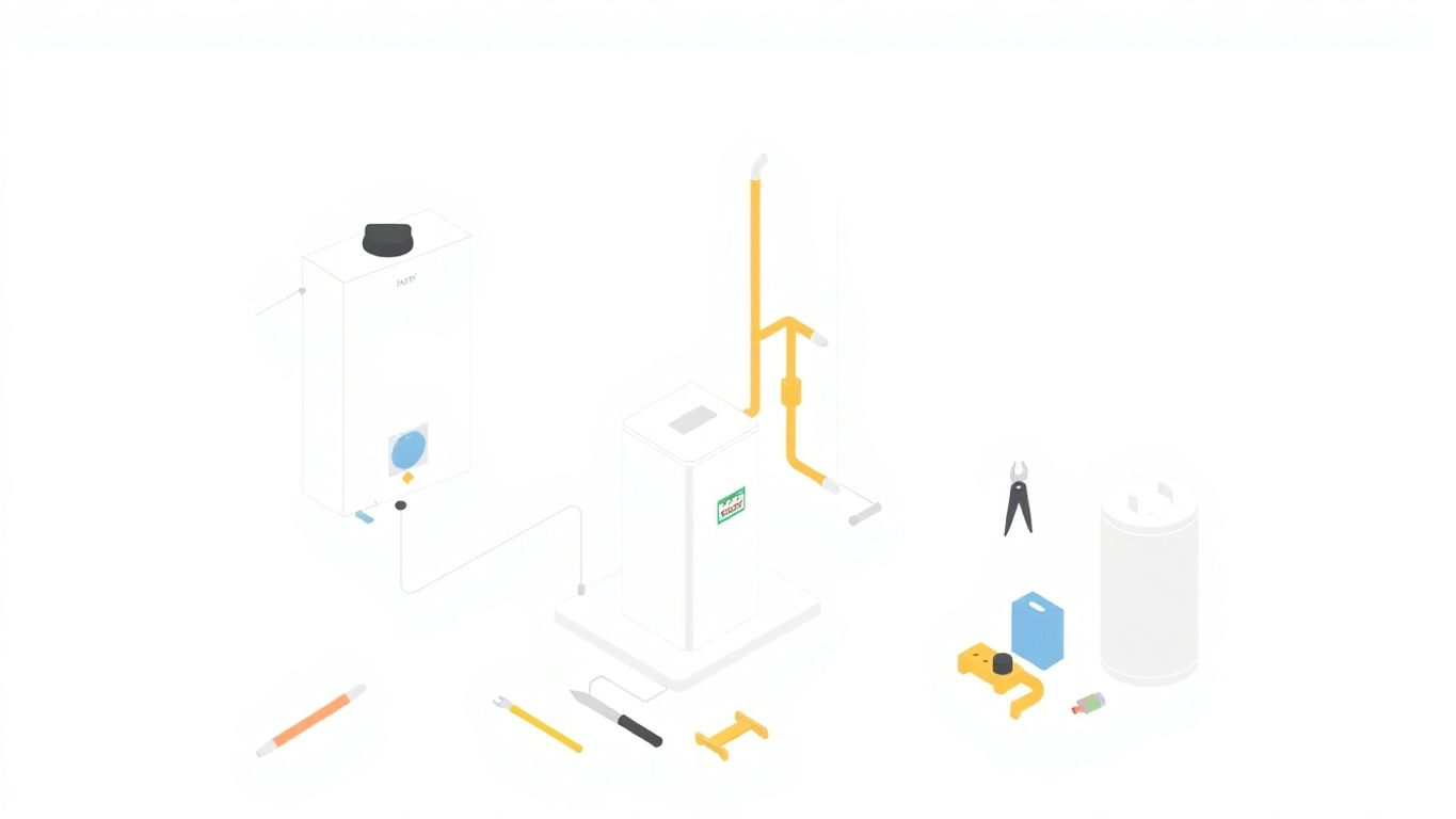 Isometric illustration of electric tankless water heater installation.