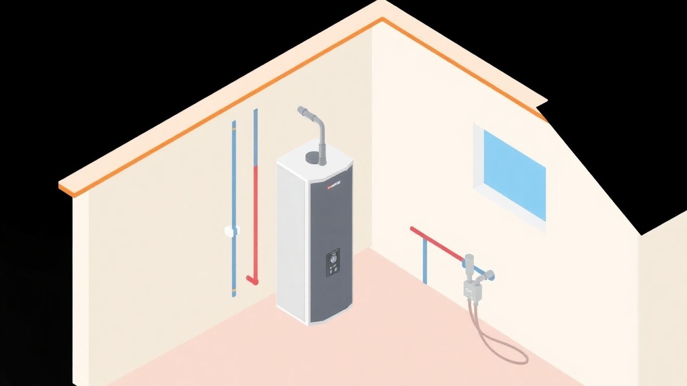 Isometric illustration of tankless water heater installation.
