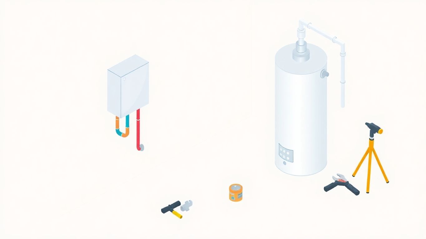 Isometric illustration of gas water heater installation tools.