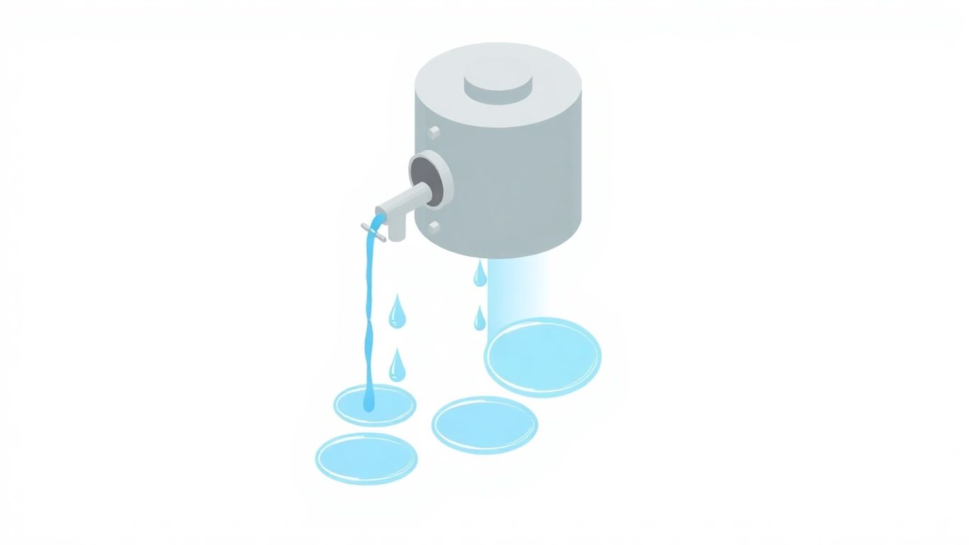 Leaking water heater with droplets in geometric illustration.