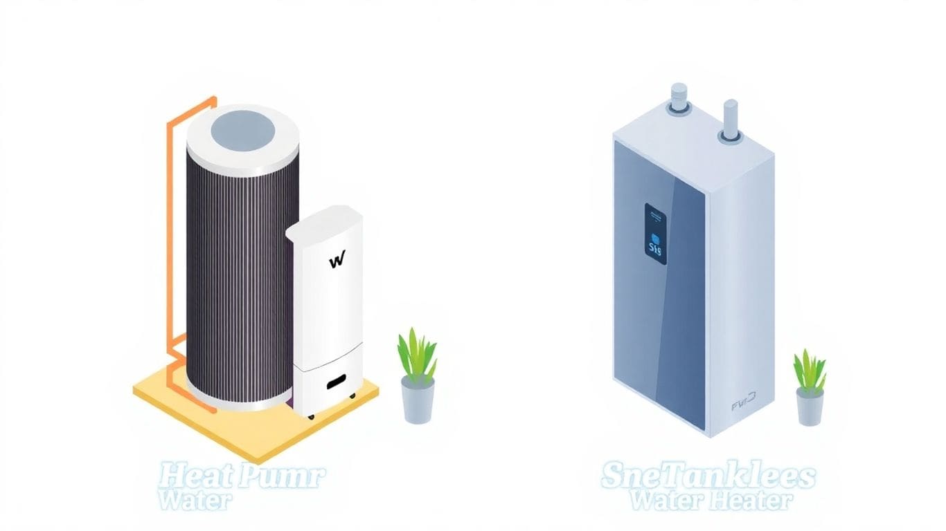 Heat pump vs tankless water heater comparison illustration.