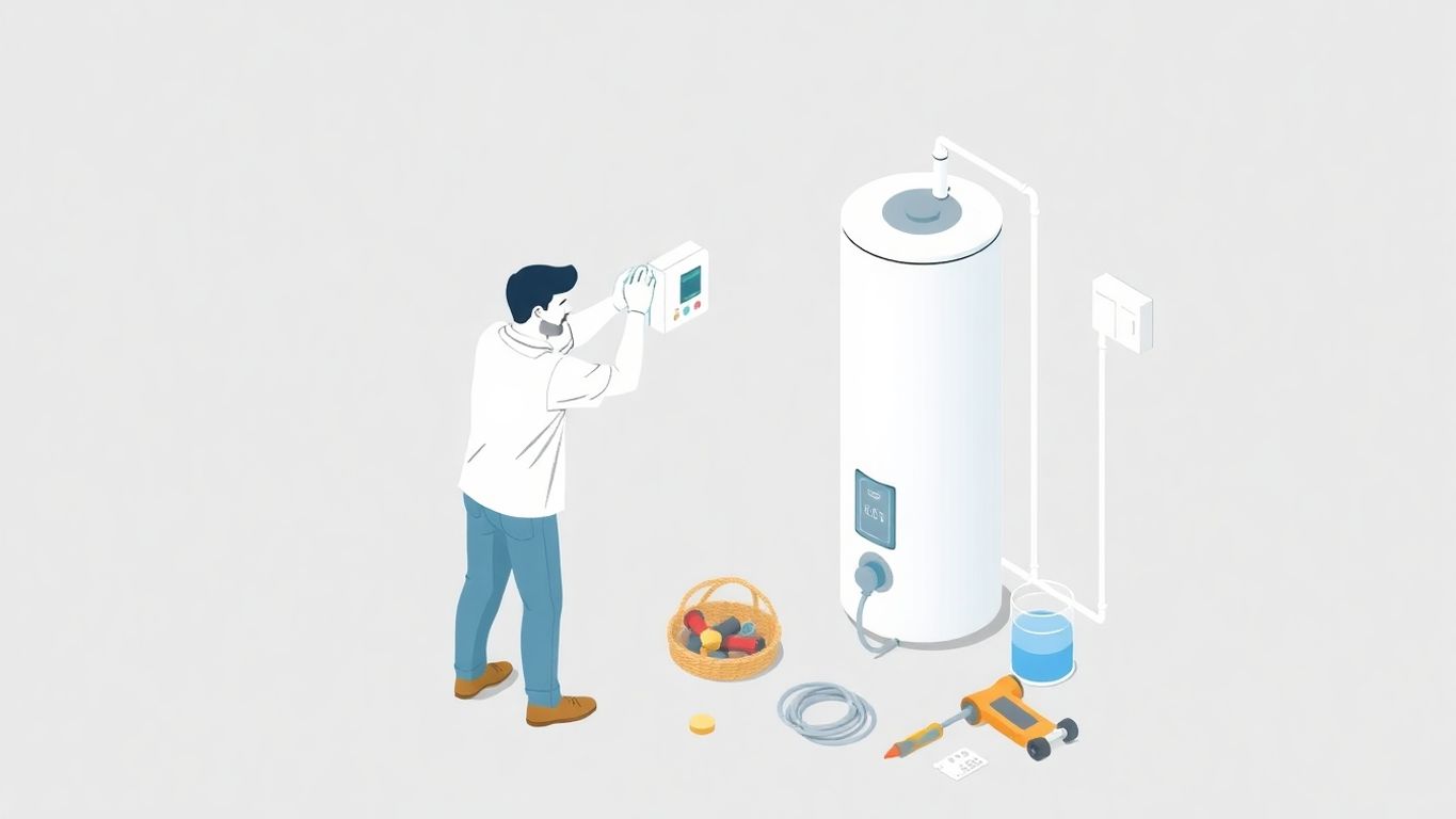 Homeowner installing an electric water heater in geometric style.