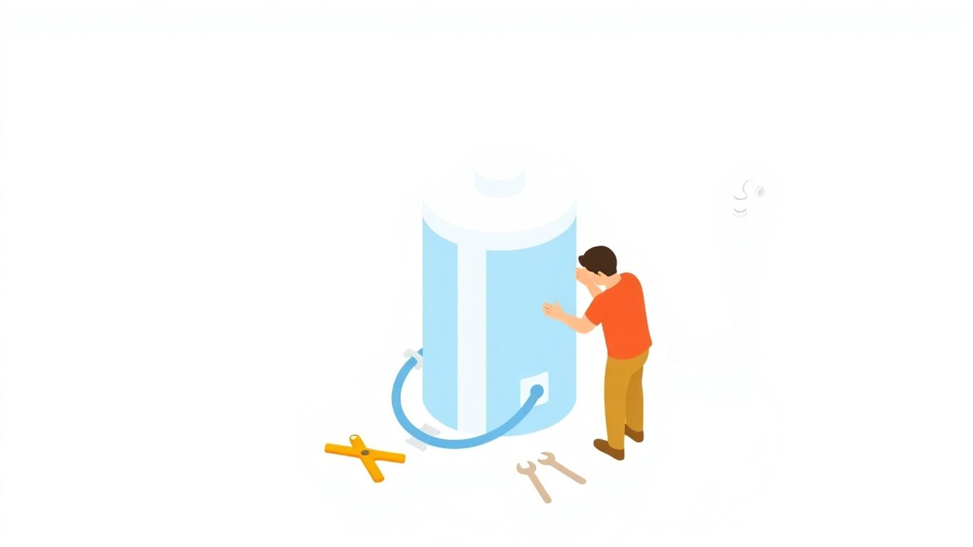 Isometric illustration of a homeowner installing a water heater.