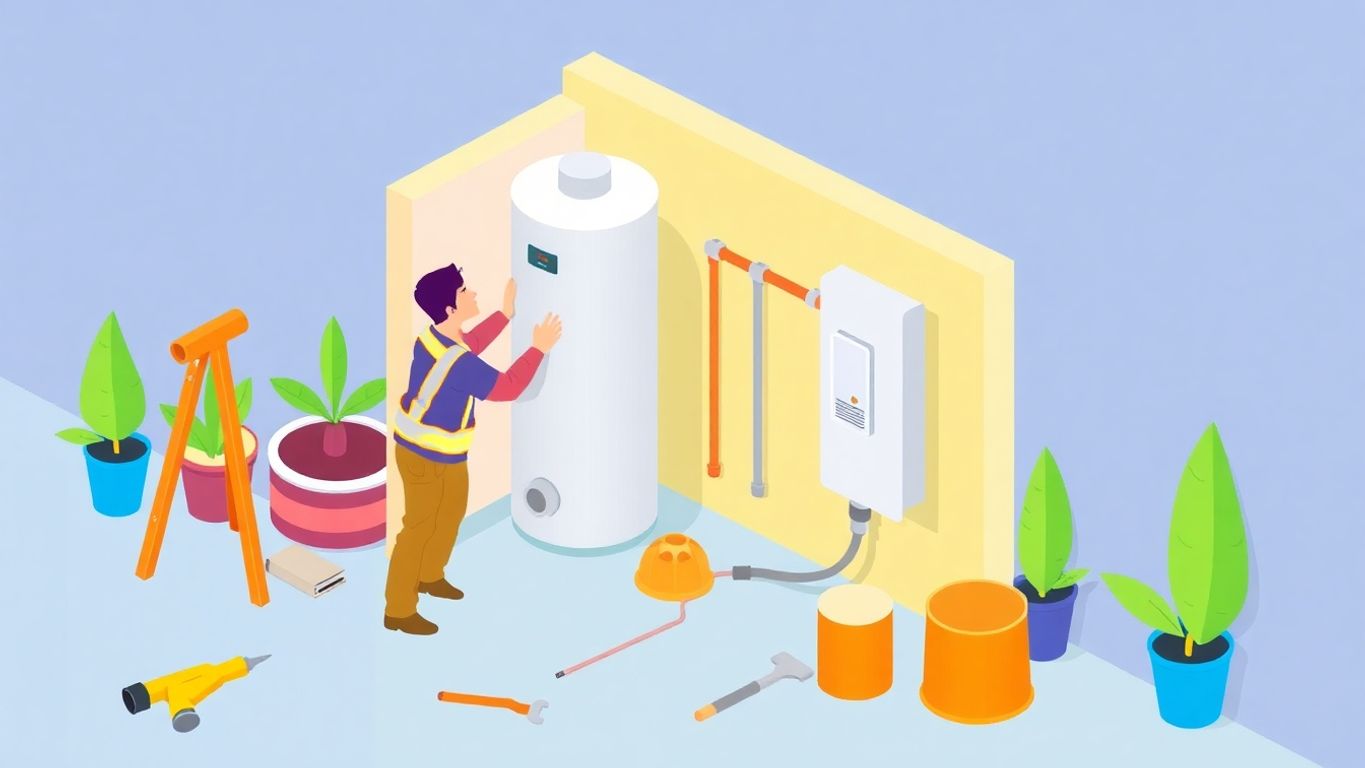Homeowner installing a water heater with tools and safety gear.