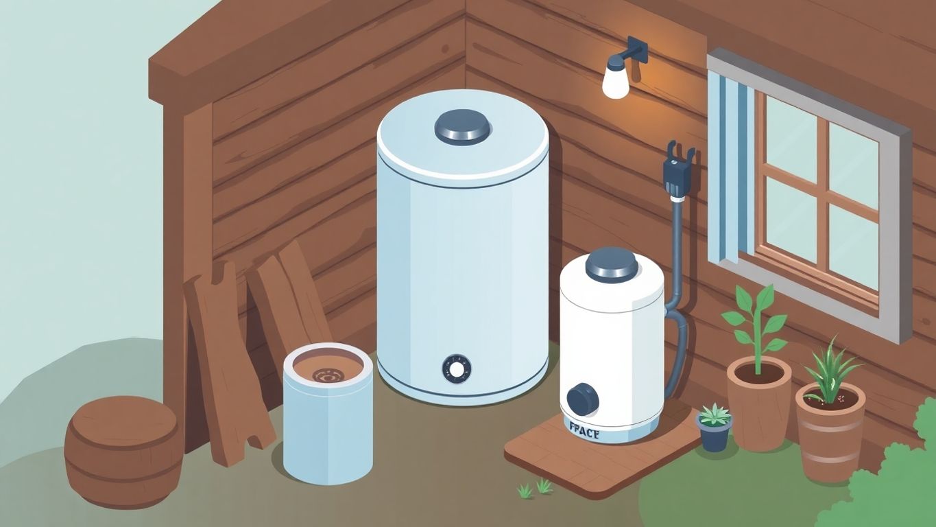 Isometric illustration of a propane water heater in cabin.