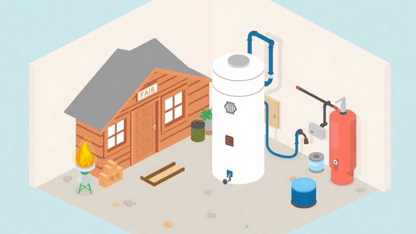 Isometric illustration of a propane water heater in cabin.