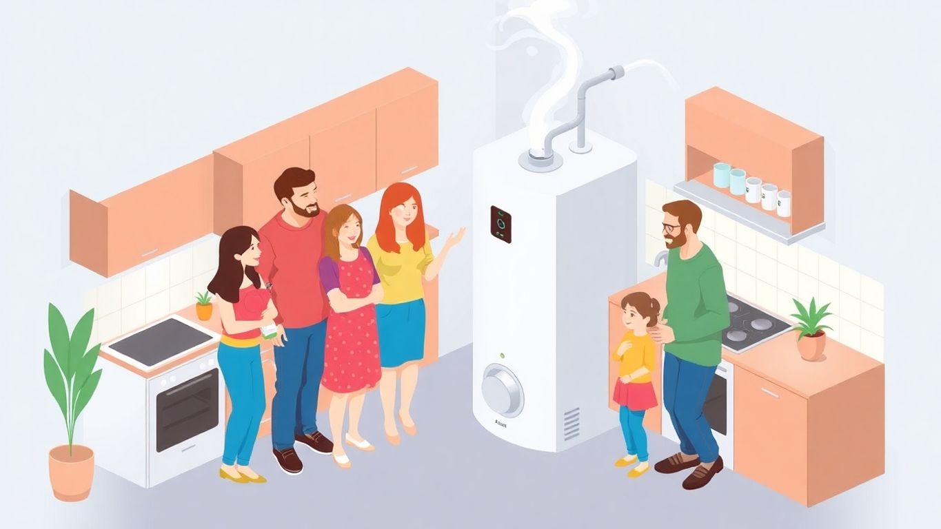 Isometric illustration of a family using a hot water heater.