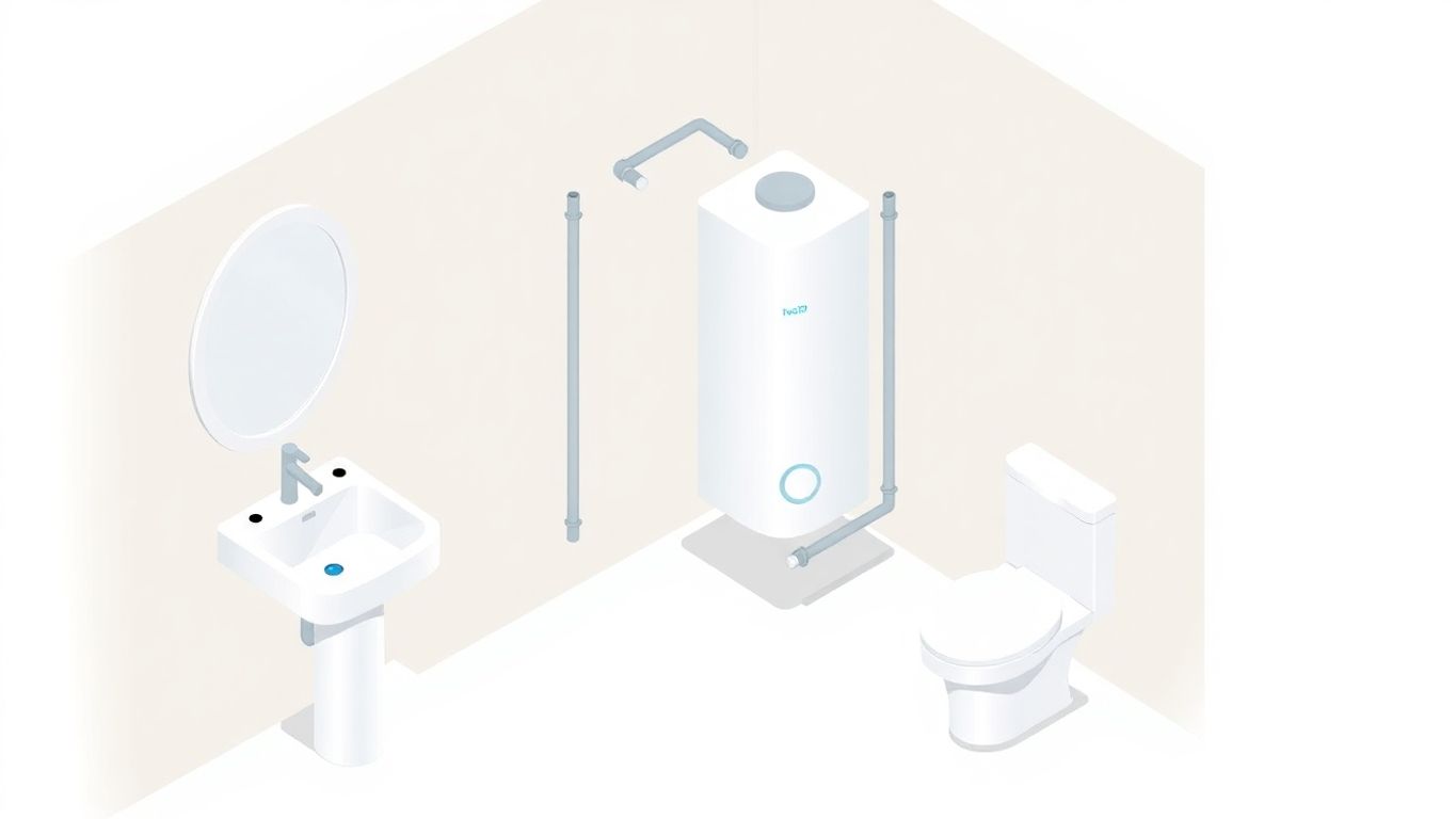 Isometric illustration of a tankless water heater installation.