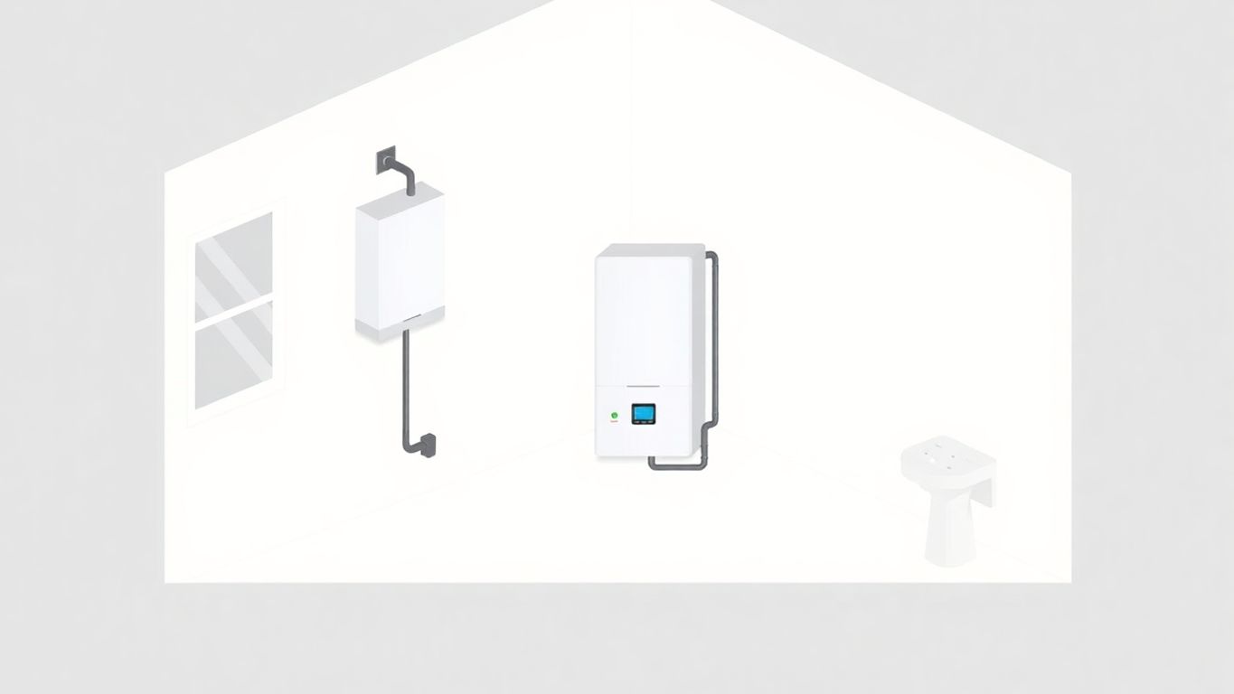 Isometric illustration of tankless water heater installation.