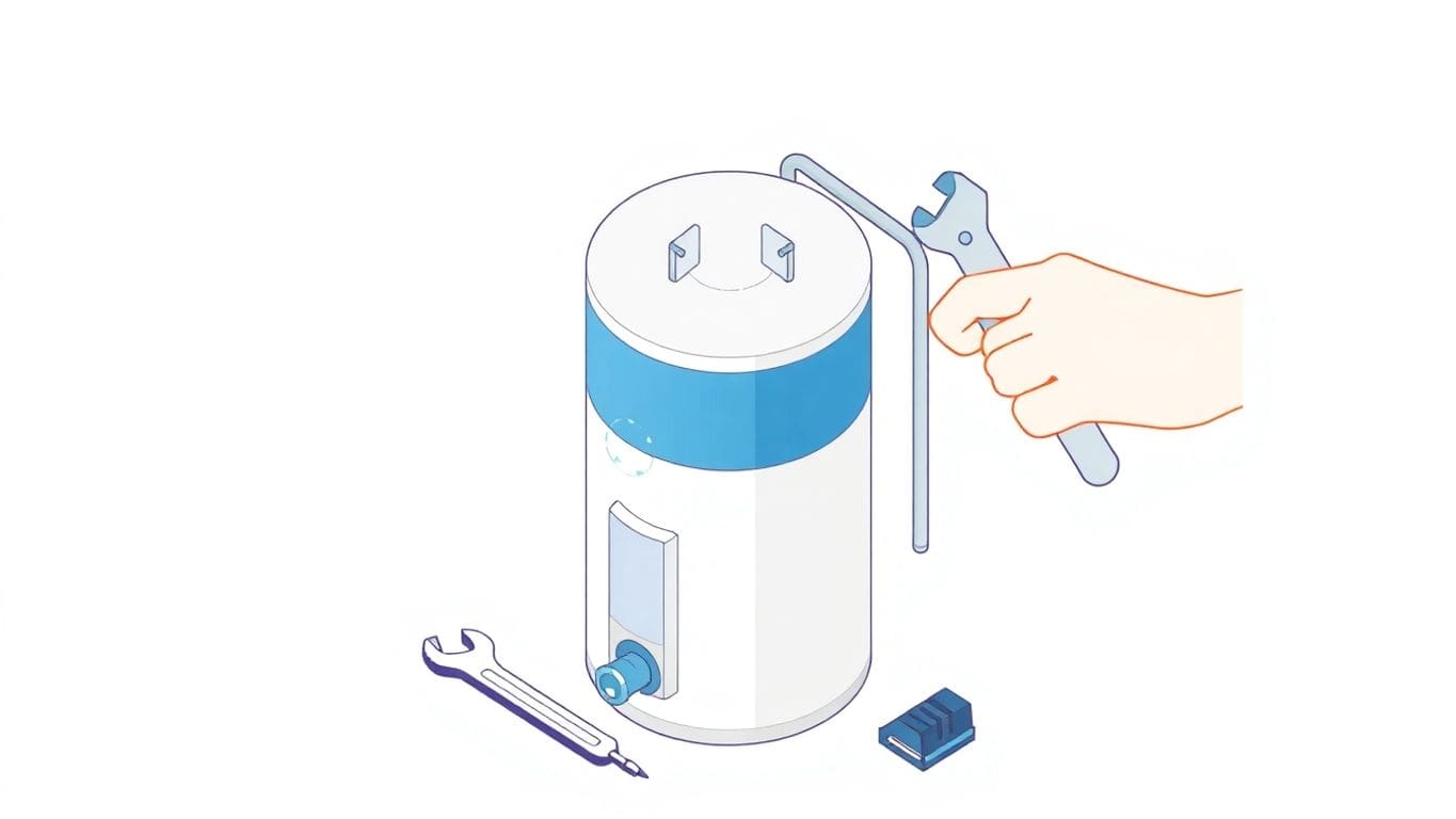 Isometric illustration of a water heater repair scene.