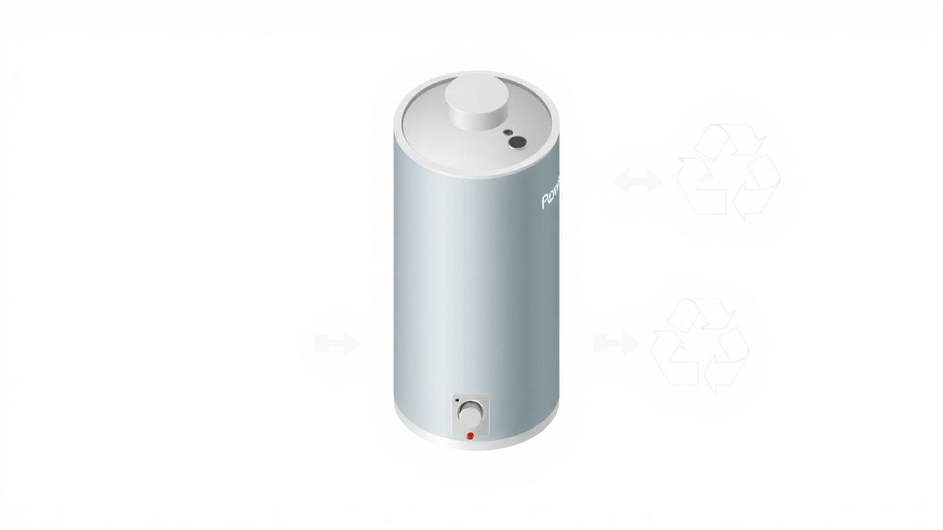 Isometric illustration of a water heater with recycling arrows.