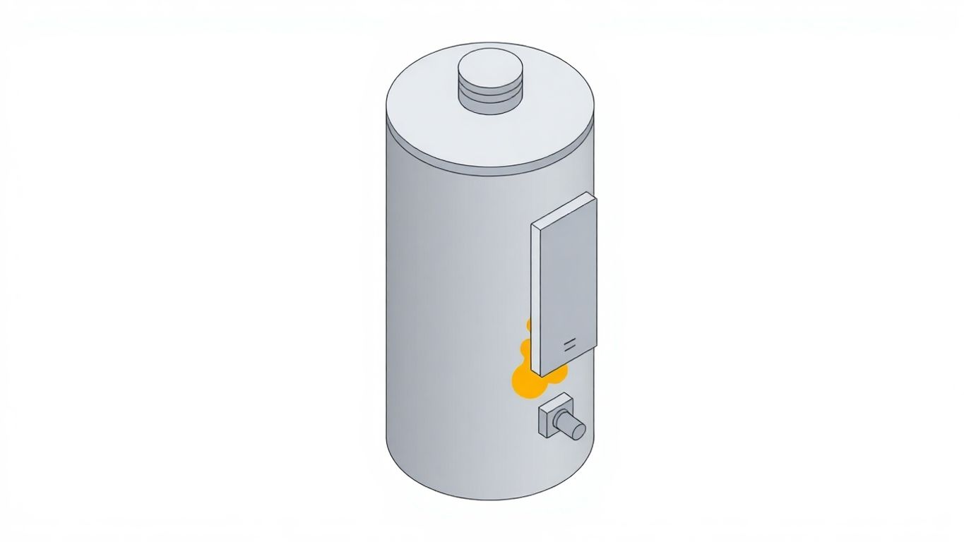 Isometric view of leaking water heater side panel