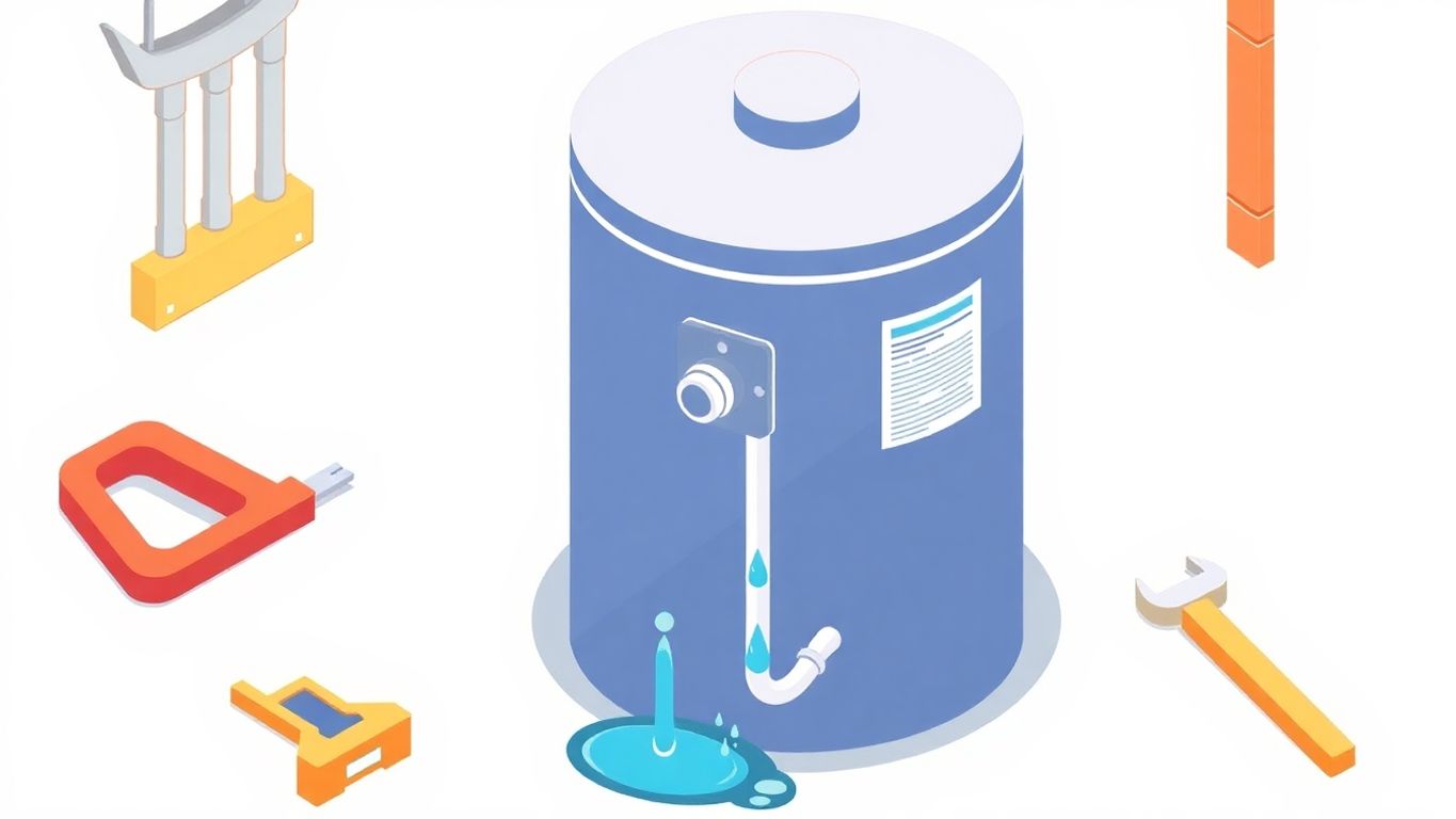 Isometric illustration of a water heater with a leak.