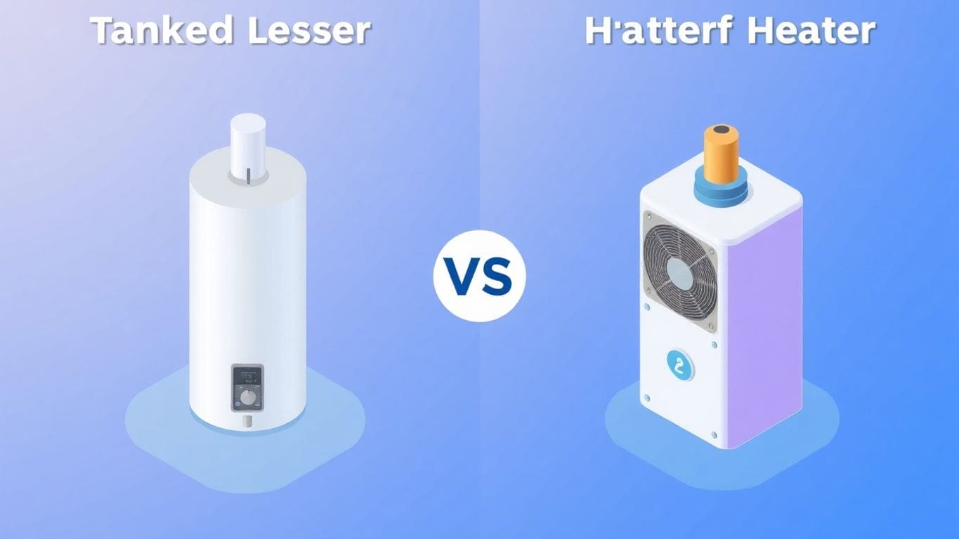 Isometric illustration of tankless and heat pump water heaters.