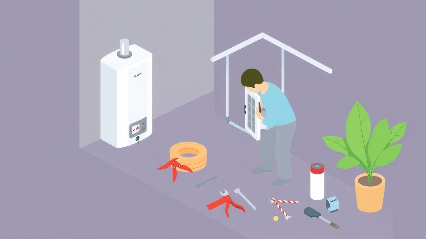 Homeowner installing an electric water heater in geometric style.