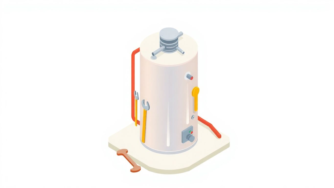 Isometric illustration of a water heater with tools.