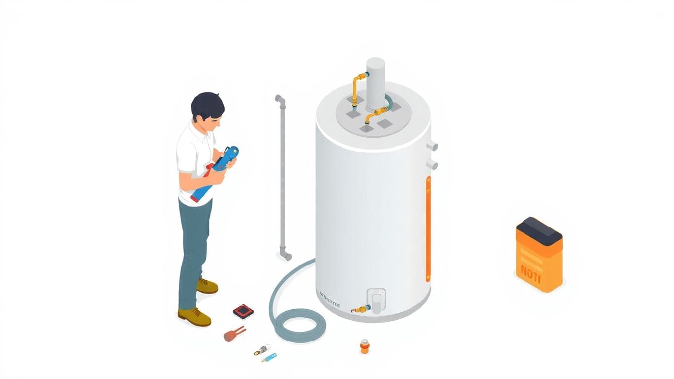 Person changing thermocouple on water heater, isometric style