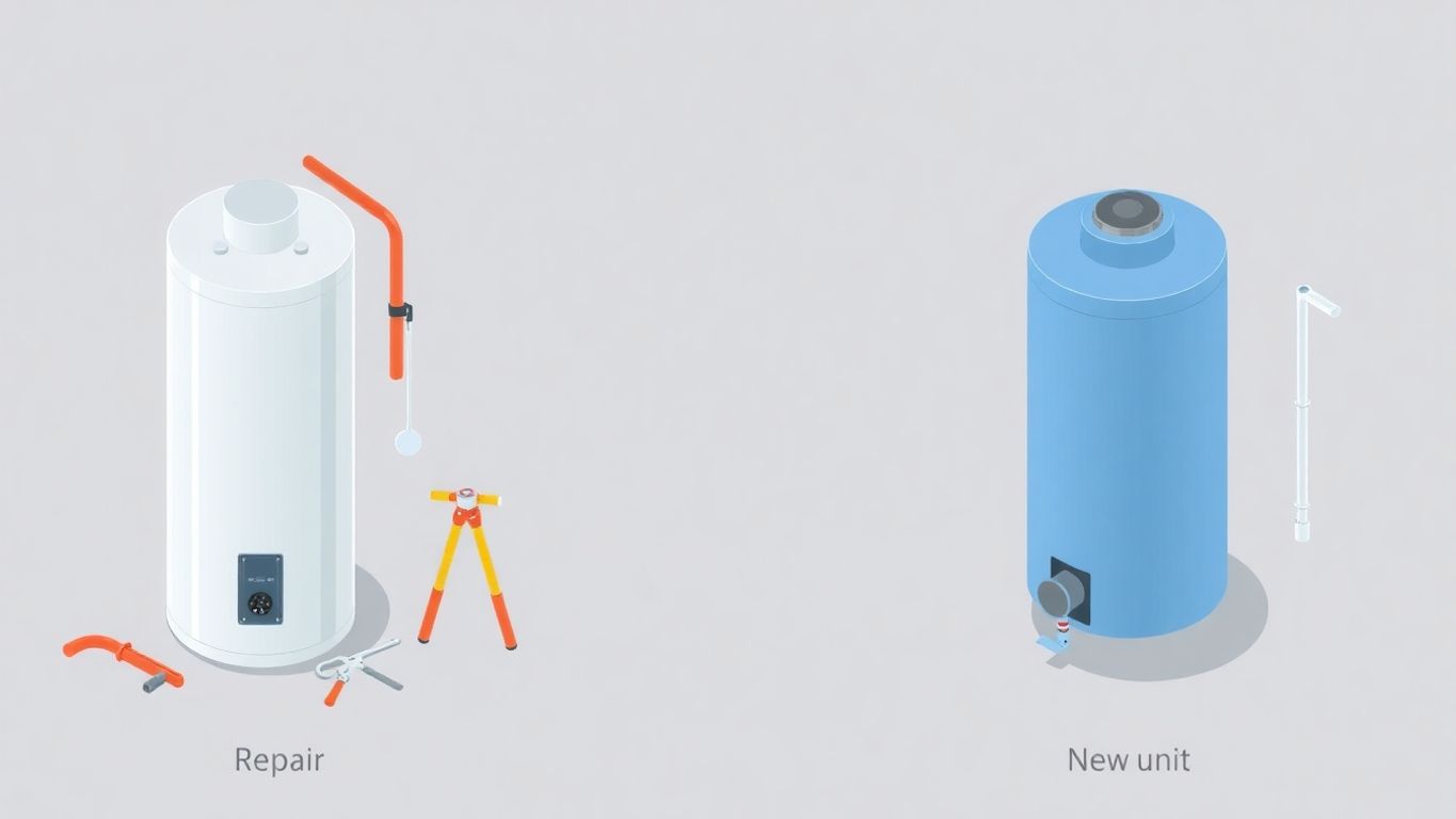 Illustration of repair tools and a new water heater.