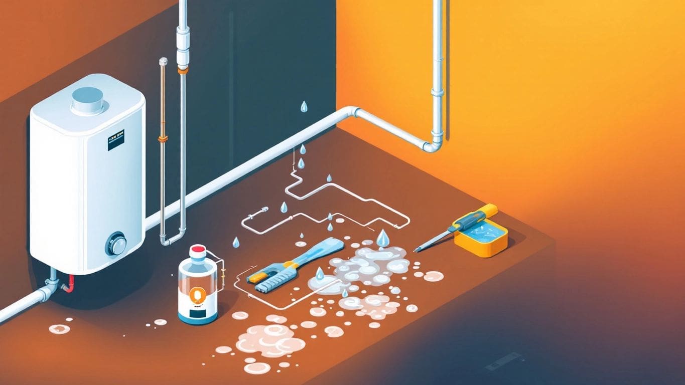 Isometric illustration of a leaking tankless water heater.