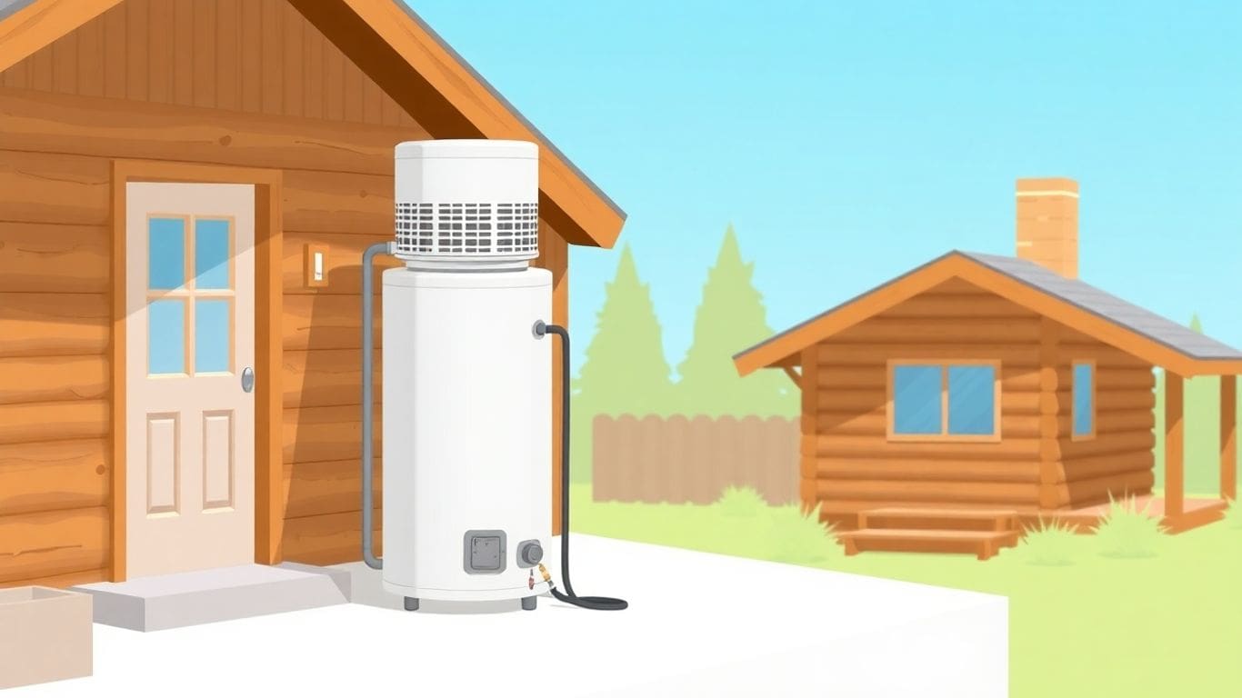 Small propane water heater next to a cabin.