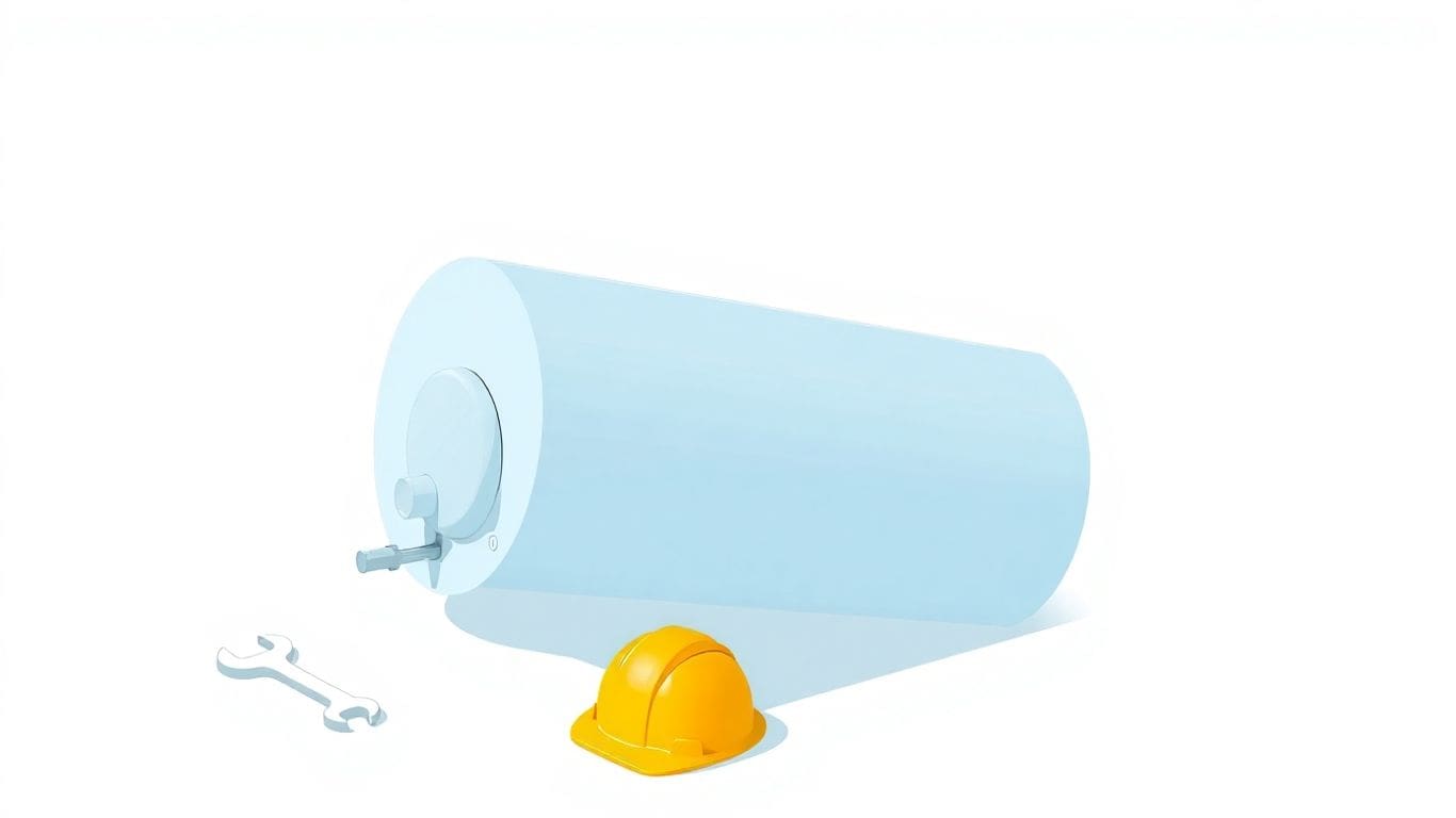 Water heater on its side with tools and safety gear.