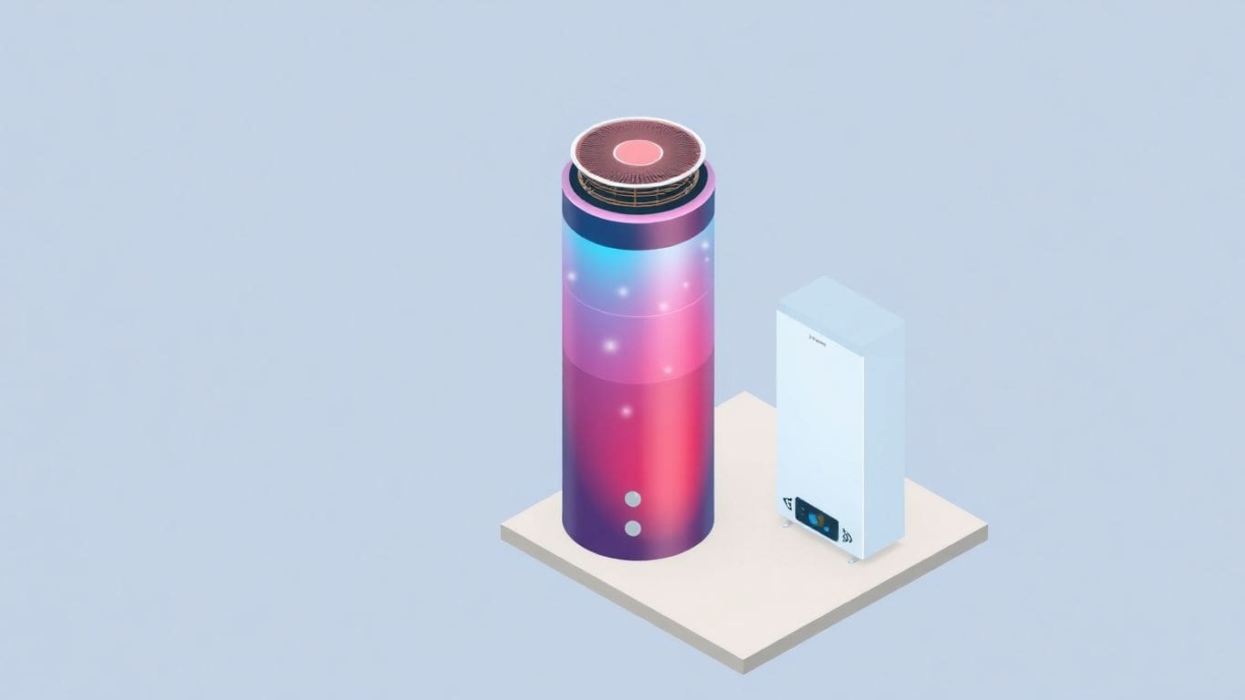 Isometric illustration of a heat pump hot water heater.