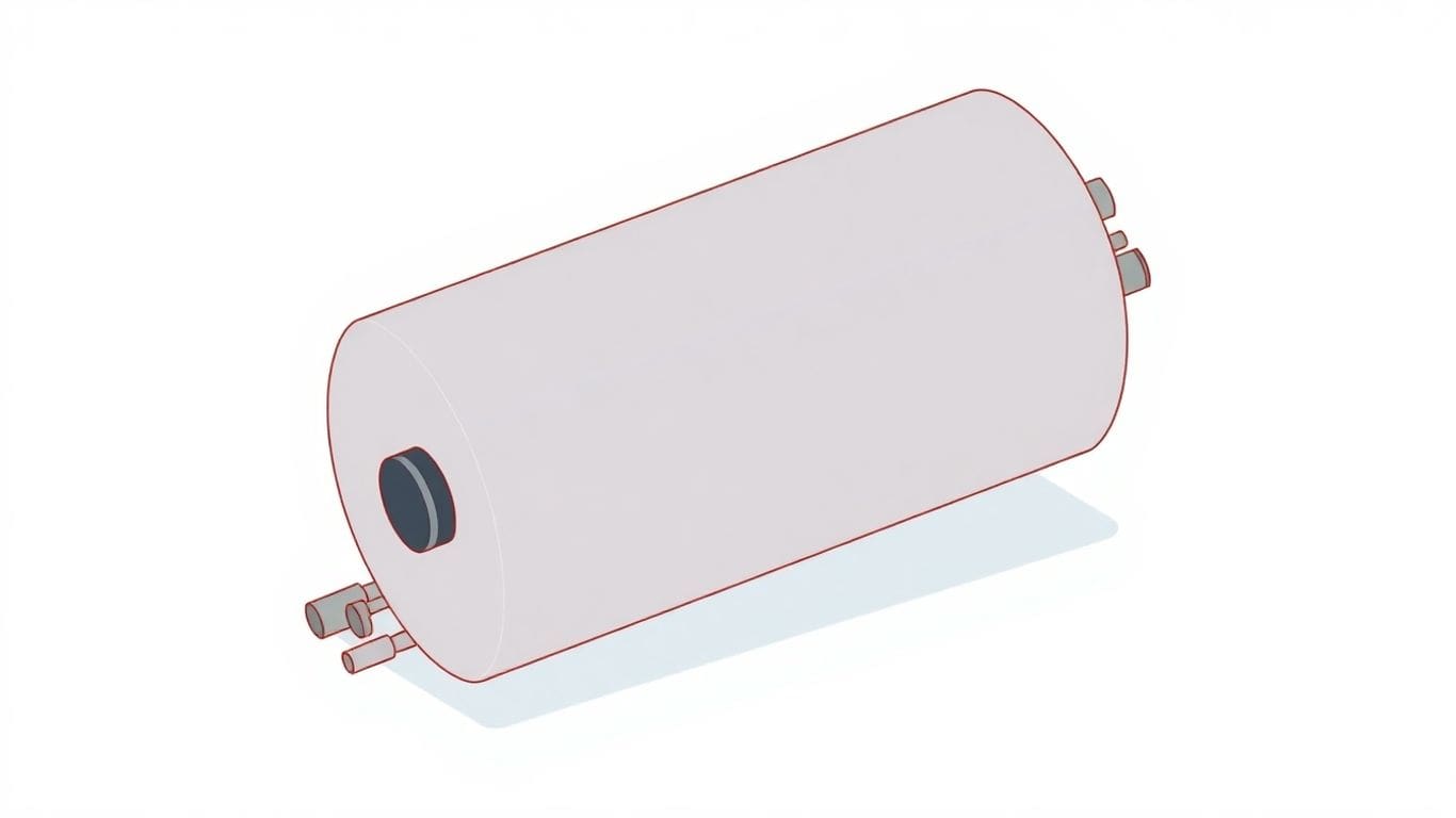 Water heater lying on its side, isometric view.