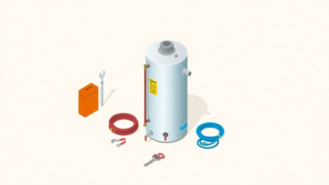 Isometric illustration of a water heater and maintenance tools.
