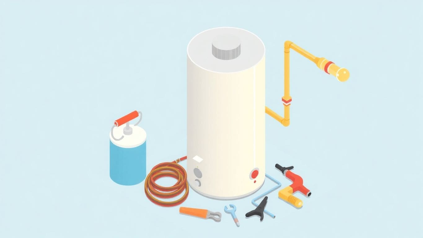 Isometric illustration of a hot water heater with tools.