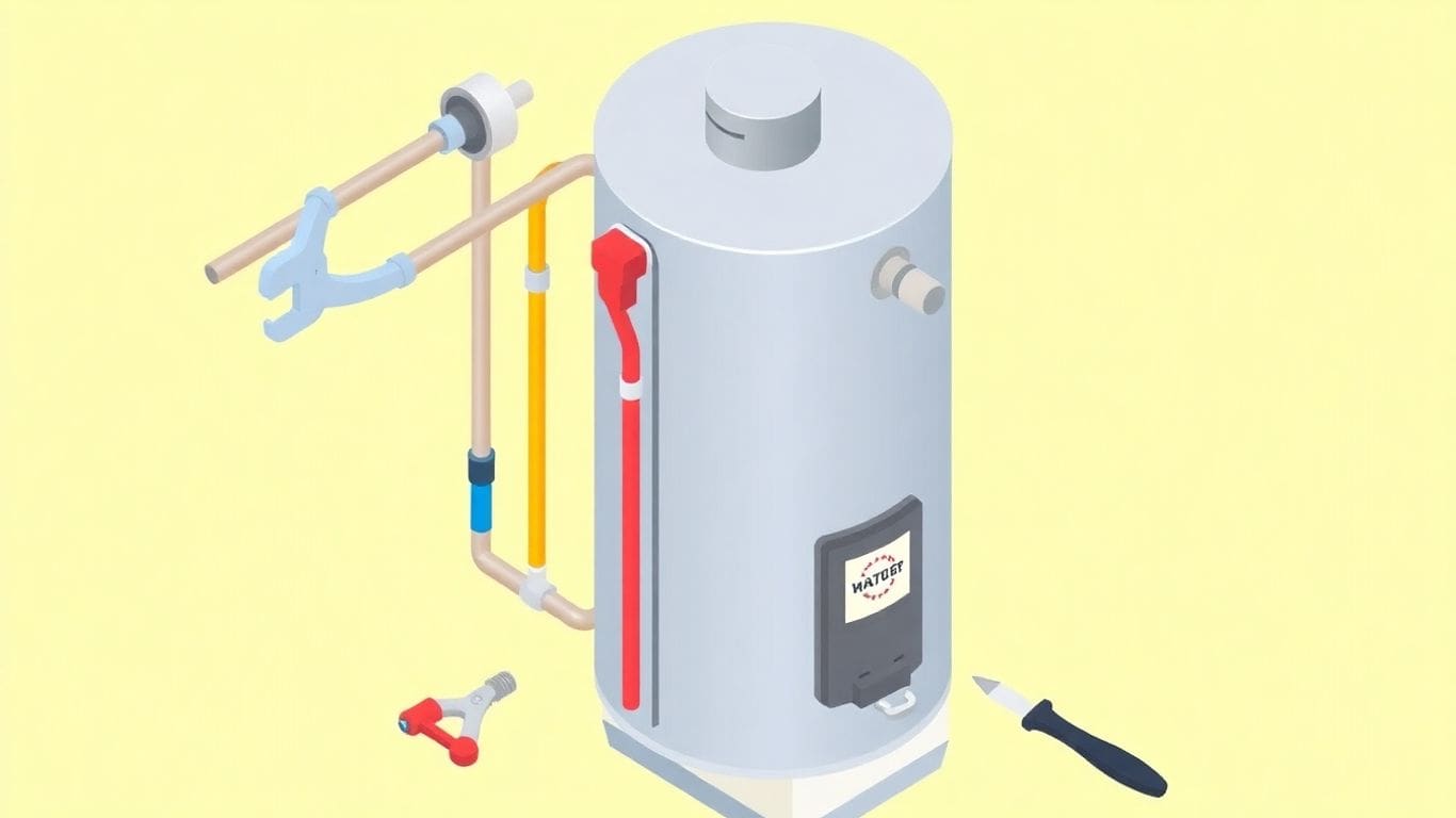 Water heater repair illustration with tools.