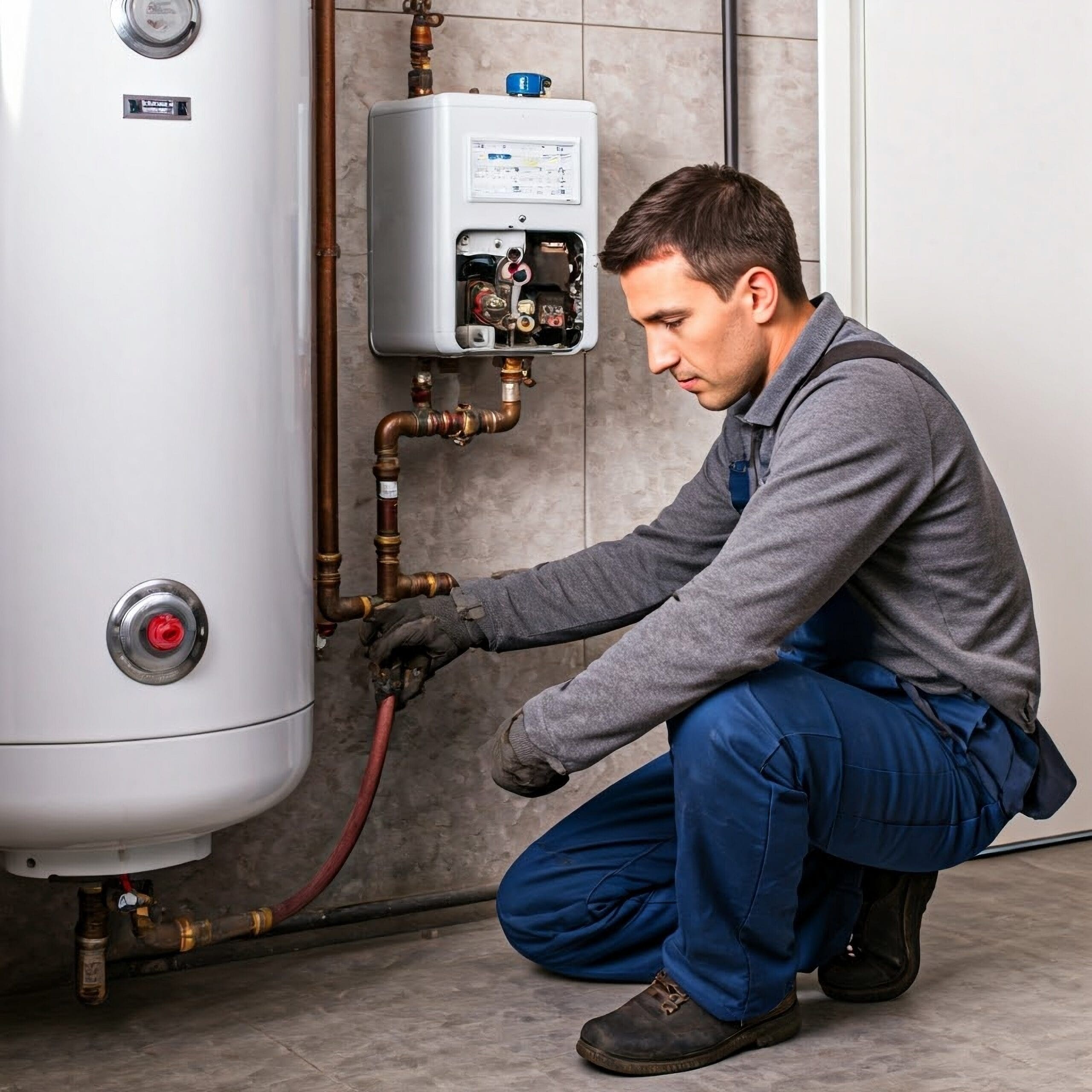 plumber inspecting a water heater for repairs